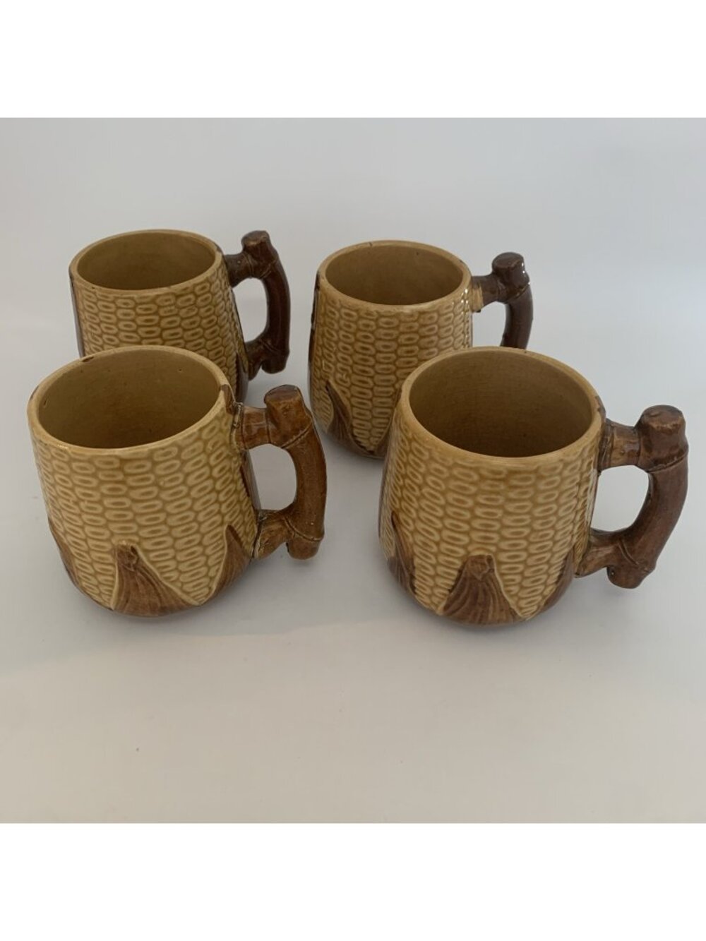 Set of 4 Vintage Japan Majolica Corn Coffee Mugs Brown Yellow 8 oz Tea Cups